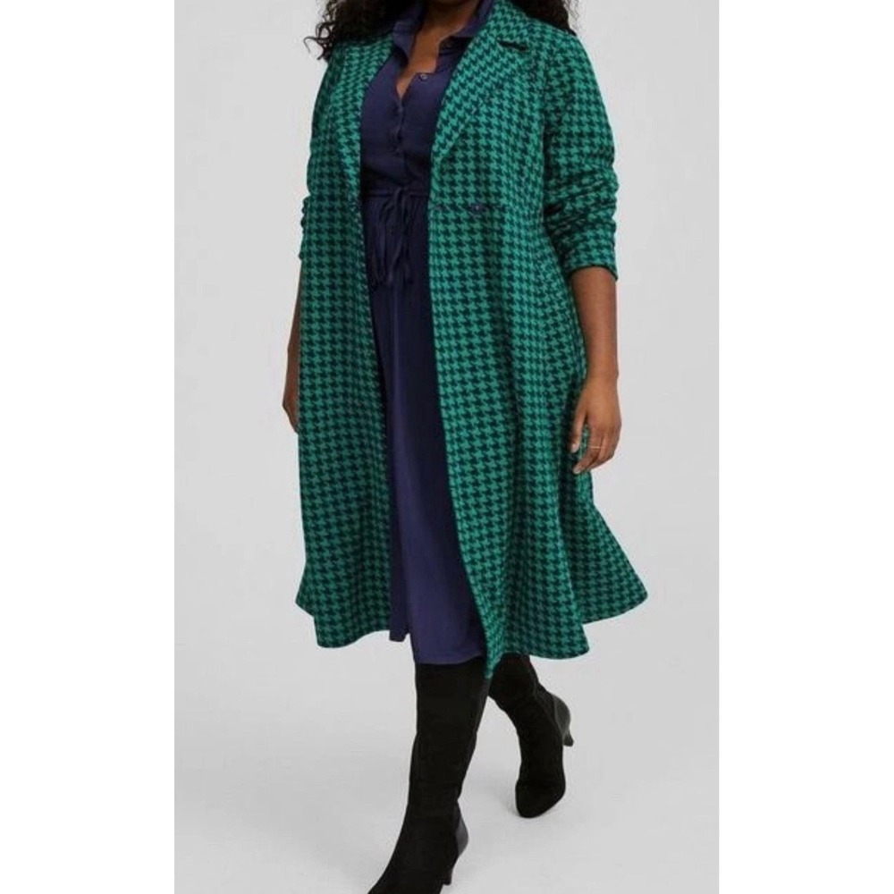 Torrid Ultramarine Green Navy Houndstooth Longline Coat Plus Size 4 4X Retro